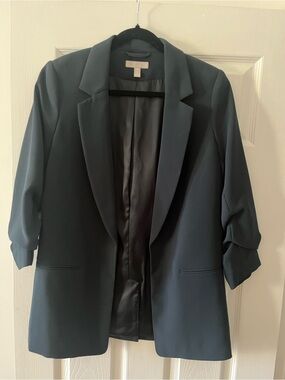 H&M Dark Teal Open-Front Ruched Sleeve Blazer